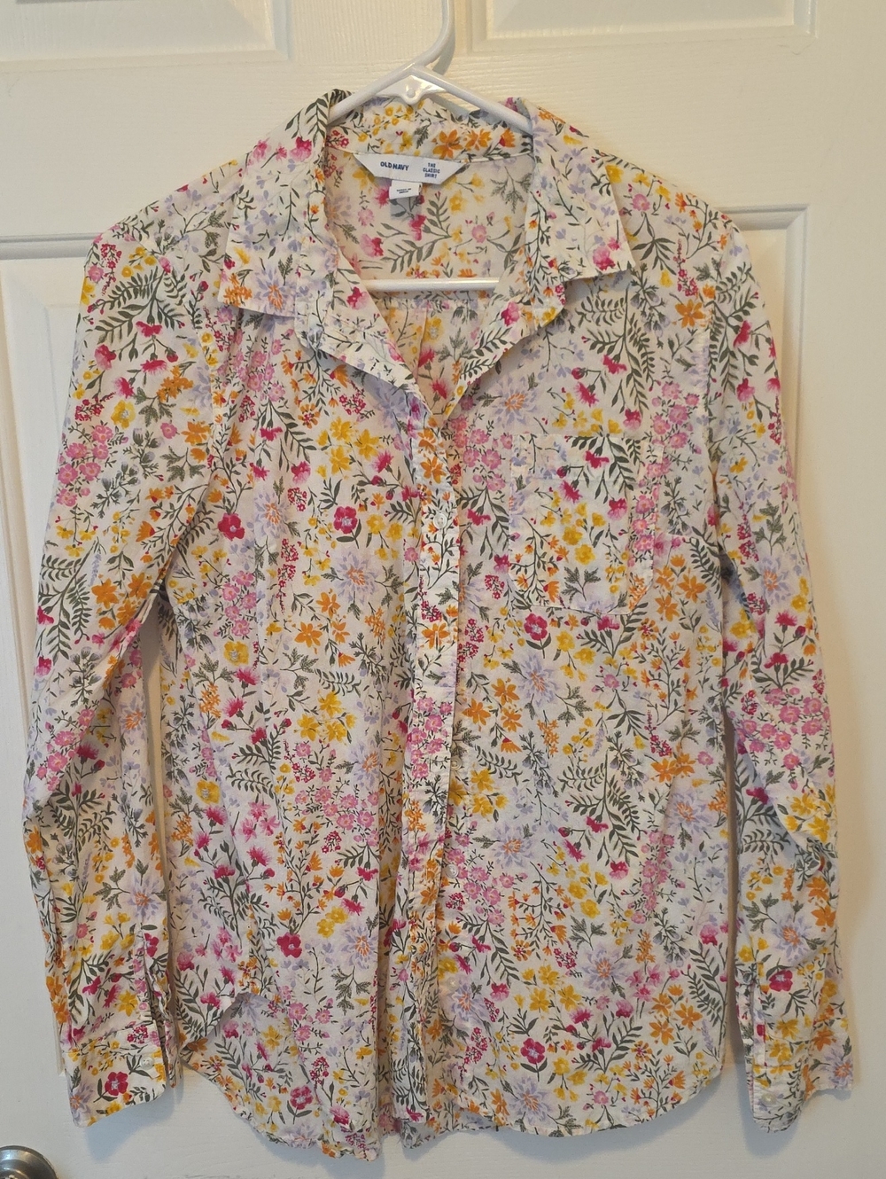 Old Navy White Floral Button-Up Shirt with Pink & Yellow Blooms